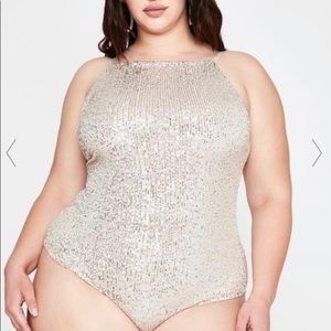 NWOT Dolls Kill Glam Elite Empire Silver Sequin Bodysuit